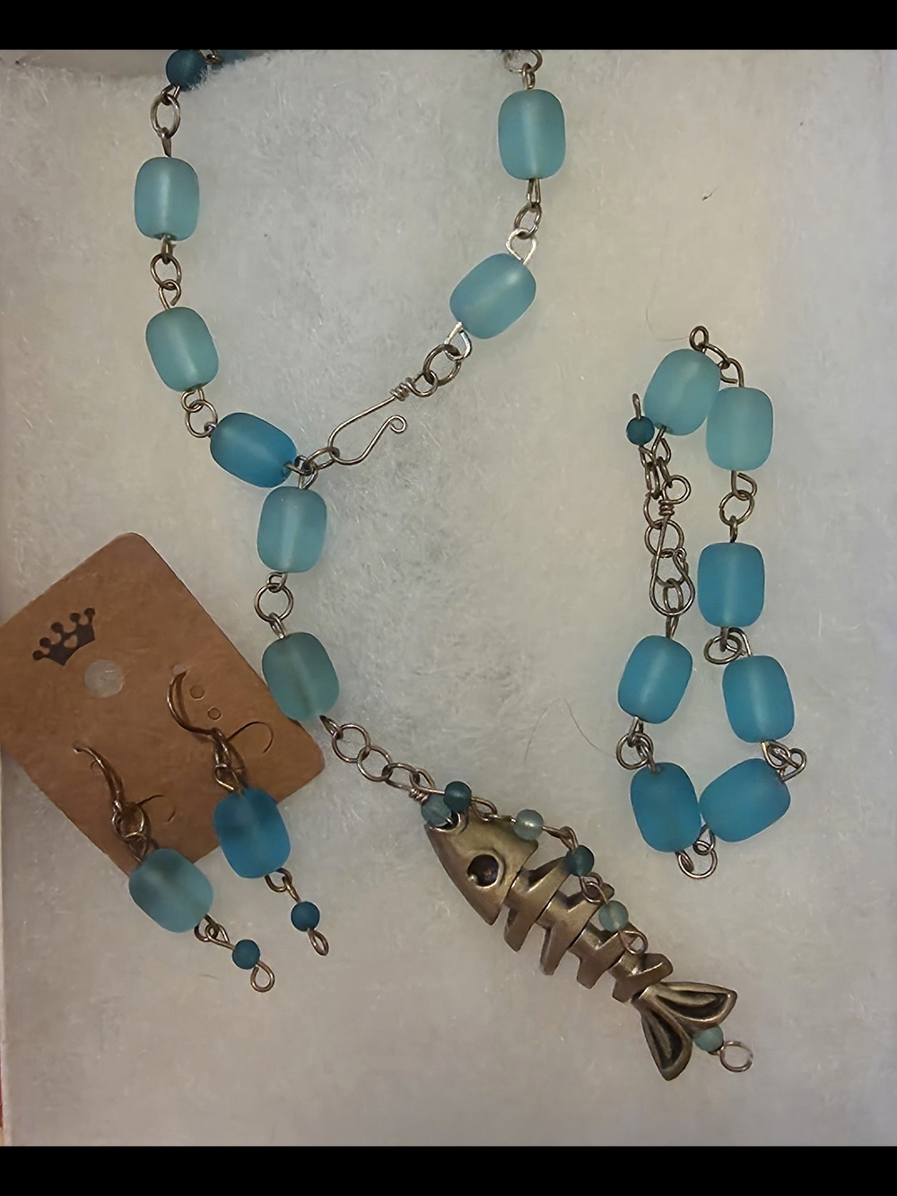 Blue Sea Glass Necklace, Bracelet & Earring Set with Fish Pendant